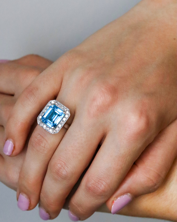 Diamond and Emerald Cut Blue Topaz Ring