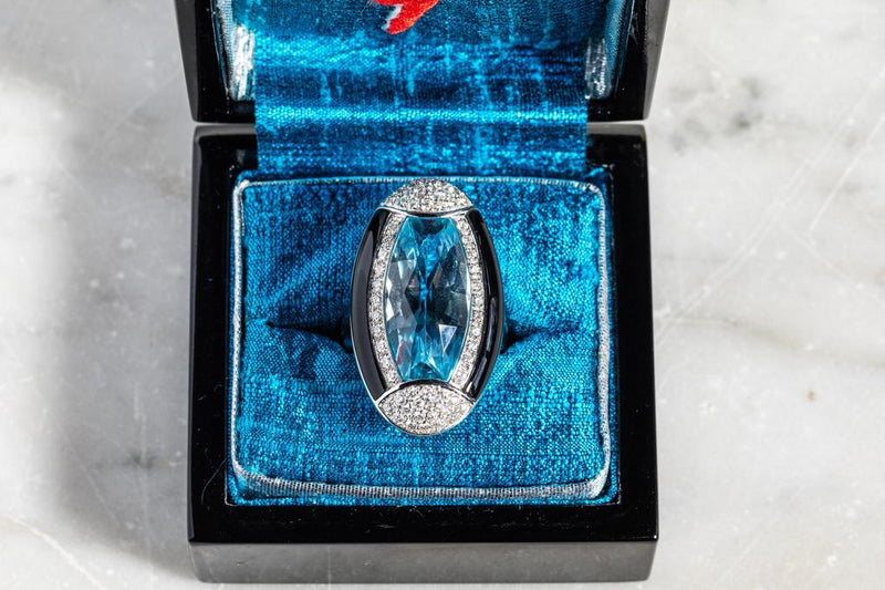 Art Deco style Aqua, Diamond and onyx ring set in 18ct white gold