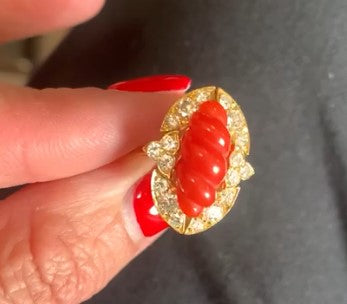 Coral and Diamond ring in 18ct yellow gold