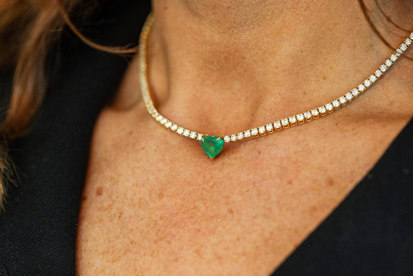 18ct Yellow Gold Emerald and Diamond Tennis Necklace